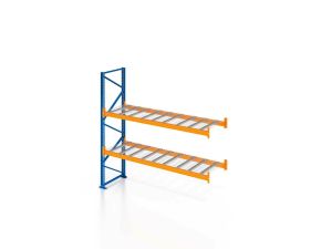 Palettenregal, Anbauregal mit Drahtgitterboden, 3 Lagerebenen, H6000xB3600xT1100 mm, Fachlast 3000 kg, 12 Palettenplätze, Rahmen blau, Traverse orange