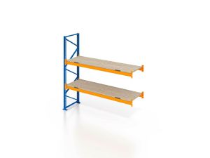 Palettenregal, Anbauregal mit Spanplatten, 3 Lagerebenen, H4000xB3600xT1100 mm, Fachlast 3000 kg, 12 Palettenplätze, Rahmen blau, Traverse orange