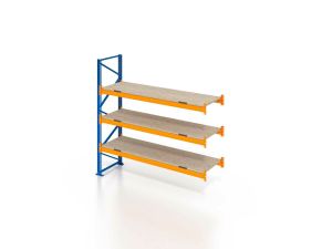 Palettenregal, Anbauregal mit Spanplatten, 4 Lagerebenen, H4000xB3600xT1100 mm, Fachlast 3000 kg, 16 Palettenplätze, Rahmen blau, Traverse orange