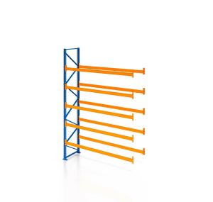 Palettenregal, Anbauregal, 6 Lagerebenen, H4500xB1825xT1100 mm, Fachlast 3000 kg, 12 Palettenplätze, Rahmen blau, Traverse orange