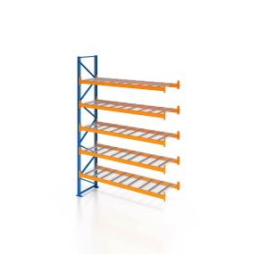 Palettenregal, Anbauregal mit Drahtgitterboden, 6 Lagerebenen, H4500xB2700xT1100 mm, Fachlast 3000 kg, 18 Palettenplätze, Rahmen blau, Traverse orange