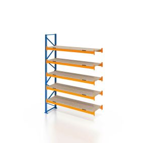 Palettenregal, Anbauregal mit Spanplatten, 6 Lagerebenen, H6500xB3600xT1100 mm, Fachlast 3000 kg, 24 Palettenplätze, Rahmen blau, Traverse orange