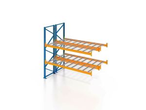 Palettenregal, Doppelregal, Anbauregal mit Drahtgitterboden, 3 Lagerebenen, H2500xB1825xT2x1100 mm, Fachlast 3000 kg, 12 Palettenplätze, Rahmen blau, Traverse orange