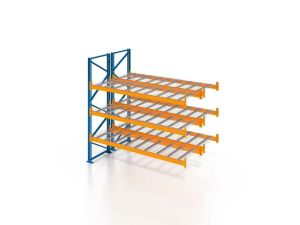 Palettenregal, Doppelregal, Anbauregal mit Drahtgitterboden, 4 Lagerebenen, H2500xB1825xT2x1100 mm, Fachlast 3000 kg, 16 Palettenplätze, Rahmen blau, Traverse orange