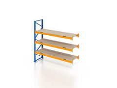 Palettenregal, Anbauregal mit Spanplatten, 4 Lagerebenen, H3500xB1825xT1100 mm, Fachlast 3000 kg, 8 Palettenplätze, Rahmen blau, Traverse orange