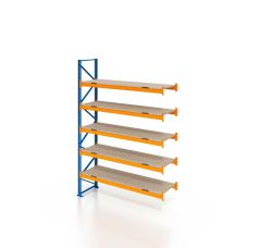 Palettenregal, Anbauregal mit Spanplatten, 6 Lagerebenen, H6000xB1825xT1100 mm, Fachlast 3800 kg, 12 Palettenplätze, Rahmen blau, Traverse orange
