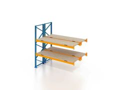Palettenregal, Doppelregal, Anbauregal mit Spanplatten, 3 Lagerebenen, H2500xB1825xT2x1100 mm, Fachlast 3000 kg, 12 Palettenplätze, Rahmen blau, Traverse orange