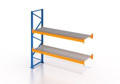 Palettenregal, Anbauregal mit Gitterrost 500 kg/m² Traglast, 3 Lagerebenen, H3000xB1825xT1100 mm, Fachlast 3000 kg, 6 Palettenplätze, Rahmen blau, Traverse orange