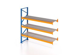 Palettenregal, Anbauregal mit Gitterrost 500 kg/m² Traglast, 4 Lagerebenen, H3500xB1825xT1100 mm, Fachlast 3000 kg, 8 Palettenplätze, Rahmen blau, Traverse orange