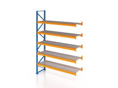 Palettenregal, Anbauregal mit Gitterrost 500 kg/m² Traglast, 6 Lagerebenen, H6000xB1825xT1100 mm, Fachlast 3800 kg, 12 Palettenplätze, Rahmen blau, Traverse orange
