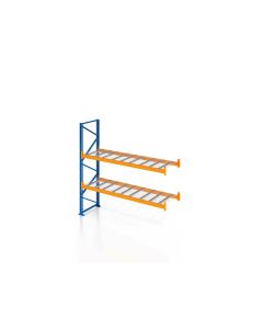 Palettenregal, Anbauregal mit Drahtgitterboden, 3 Lagerebenen, H4000xB3600xT1100 mm, Fachlast 3000 kg, 12 Palettenplätze, Rahmen blau, Traverse orange