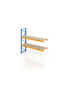 Palettenregal, Anbauregal mit Spanplatten, 3 Lagerebenen, H4000xB3600xT1100 mm, Fachlast 3000 kg, 12 Palettenplätze, Rahmen blau, Traverse orange