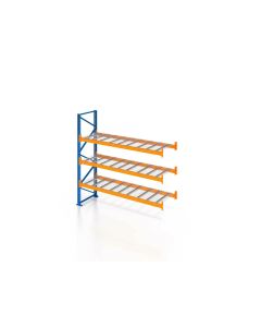 Palettenregal, Anbauregal mit Drahtgitterboden, 4 Lagerebenen, H2500xB1825xT1100 mm, Fachlast 3000 kg, 8 Palettenplätze, Rahmen blau, Traverse orange