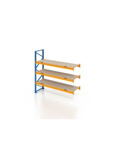 Palettenregal, Anbauregal mit Spanplatten, 4 Lagerebenen, H3000xB1825xT1100 mm, Fachlast 3000 kg, 8 Palettenplätze, Rahmen blau, Traverse orange