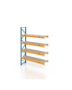 Palettenregal, Anbauregal mit Spanplatten, 5 Lagerebenen, H4500xB3600xT1100 mm, Fachlast 3000 kg, 20 Palettenplätze, Rahmen blau, Traverse orange