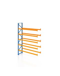 Palettenregal, Anbauregal, 6 Lagerebenen, H4500xB1825xT1100 mm, Fachlast 3000 kg, 12 Palettenplätze, Rahmen blau, Traverse orange