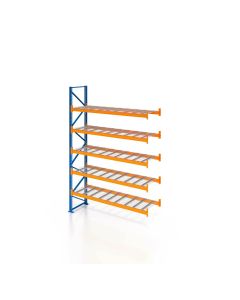 Palettenregal, Anbauregal mit Drahtgitterboden, 6 Lagerebenen, H4500xB2700xT1100 mm, Fachlast 3000 kg, 18 Palettenplätze, Rahmen blau, Traverse orange