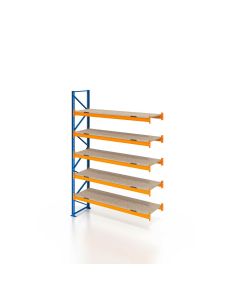 Palettenregal, Anbauregal mit Spanplatten, 6 Lagerebenen, H7500xB3600xT1100 mm, Fachlast 3000 kg, 24 Palettenplätze, Rahmen blau, Traverse orange