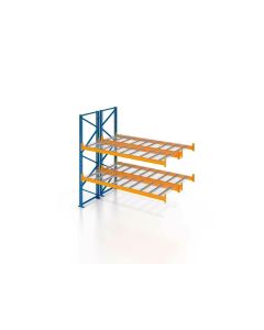 Palettenregal, Doppelregal, Anbauregal mit Drahtgitterboden, 3 Lagerebenen, H2500xB1825xT2x1100 mm, Fachlast 3000 kg, 12 Palettenplätze, Rahmen blau, Traverse orange