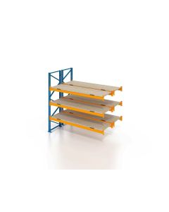 Palettenregal, Doppelregal, Anbauregal mit Spanplatten, 4 Lagerebenen, H2500xB1825xT2x1100 mm, Fachlast 3000 kg, 16 Palettenplätze, Rahmen blau, Traverse orange