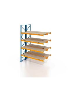 Palettenregal, Doppelregal, Anbauregal mit Spanplatten, 5 Lagerebenen, H6500xB1825xT2x1100 mm, Fachlast 3000 kg, 20 Palettenplätze, Rahmen blau, Traverse orange