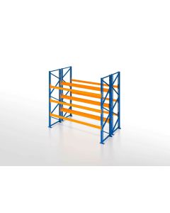 Palettenregal, Doppelregal, 4 Lagerebenen, H2500xB1825xT2x1100 mm, Fachlast 3000 kg, 16 Palettenplätze, Rahmen blau, Traverse orange