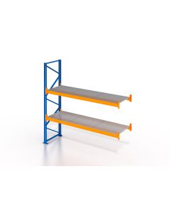 Palettenregal, Anbauregal mit Gitterrost 500 kg/m² Traglast, 3 Lagerebenen, H3500xB1825xT1100 mm, Fachlast 3000 kg, 6 Palettenplätze, Rahmen blau, Traverse orange