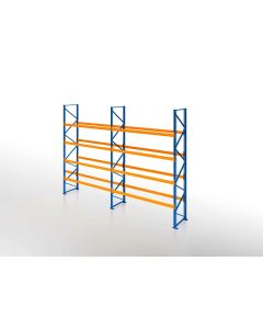 Palettenregal, Einfachregal, 5 Lagerebenen, H3000xB6600xT1100 mm, Fachlast 3000 kg, 35 Palettenplätze, Rahmen capriblau - RAL 5019, Traverse hellorange - RAL 2008
