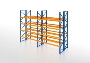 Palettenregal, Doppelregal, 5 Lagerebenen, H5000xB7500xT2x1100 mm, Fachlast 3000 kg, 80 Palettenplätze, Rahmen blau, Traverse orange