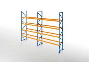 Palettenregal, Einfachregal, 5 Lagerebenen, H4500xB7500xT1100 mm, Fachlast 4700 kg, 40 Palettenplätze, Rahmen blau, Traverse orange