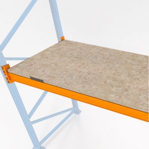 Palettenregal Zusatzebene mit Spanplatten, Breite 2700 mm, Tiefe 1100 mm, 3 Palettenplätze, 3000 kg Fachlast, Traverse orange