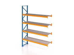 Palettenregal, Anbauregal mit Gitterrost 1000 kg/m² Traglast, 5 Lagerebenen, H6500xB1825xT1100 mm, Fachlast 3800 kg, 10 Palettenplätze, Rahmen blau, Traverse orange