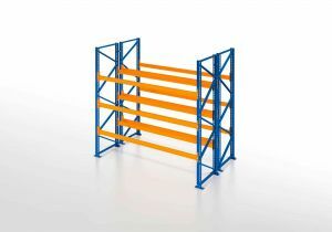 Palettenregal, Doppelregal, 4 Lagerebenen, H3000xB1825xT2x1100 mm, Fachlast 3800 kg, 8 Palettenplätze, Rahmen blau, Traverse orange