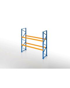 Palettenregal, Einfachregal, 3 Lagerebenen, H4500xB1825xT1100 mm, Fachlast 3000 kg, 6 Palettenplätze, Rahmen blau, Traverse orange