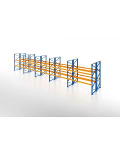 Palettenregal, Doppelregal, 3 Lagerebenen, H3500xB13225xT2x1100 mm, Fachlast 3000 kg, 84 Palettenplätze, Rahmen blau, Traverse orange