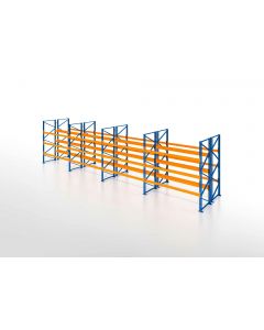 Palettenregal, Doppelregal, 4 Lagerebenen, H5500xB11300xT2x1100 mm, Fachlast 3000 kg, 96 Palettenplätze, Rahmen blau, Traverse orange