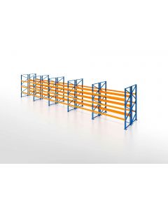 Palettenregal, Doppelregal, 4 Lagerebenen, H7000xB12350xT2x1100 mm, Fachlast 3000 kg, 104 Palettenplätze, Rahmen blau, Traverse orange