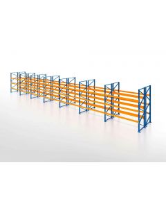 Palettenregal, Doppelregal, 4 Lagerebenen, H5000xB19700xT2x1100 mm, Fachlast 3000 kg, 168 Palettenplätze, Rahmen blau, Traverse orange