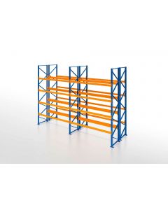 Palettenregal, Doppelregal, 5 Lagerebenen, H4000xB3950xT2x1100 mm, Fachlast 3000 kg, 40 Palettenplätze, Rahmen blau, Traverse orange