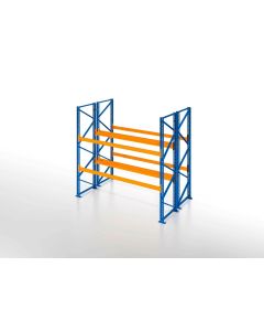 Palettenregal, Doppelregal, 3 Lagerebenen, H5000xB1825xT2x1100 mm, Fachlast 3000 kg, 12 Palettenplätze, Rahmen blau, Traverse orange