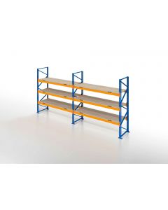 Palettenregal, Einfachregal mit Spanplatten, 4 Lagerebenen, H4000xB7500xT1100 mm, Fachlast 4700 kg, 32 Palettenplätze, Rahmen blau, Traverse orange